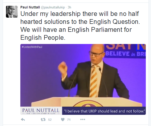 UKIP Leadership contender, Paul Nuttall, confirms his support for an English Parliament