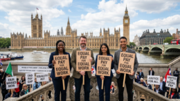 Four smartly dressed people standing in front of the Houses of Parliament holding signs saying "Equal Pay for Equal Work"